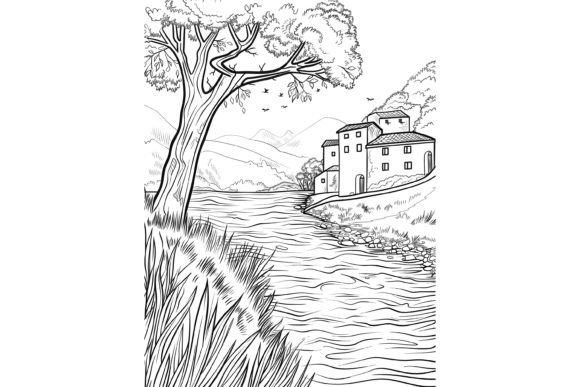Download Village River Scene Adults Coloring Page - Adults coloring page Collection