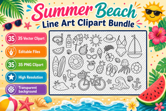 Download Summer Beach Line Art Clipart Bundle - Bundle Collection